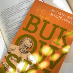Okładka książki "Gdy kota nie ma, myszy harcują" z rysunkiem mężczyzny i dużym napisem.