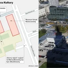 Plan i widok z lotu ptaka okolicy Muzeum Sztuki Nowoczesnej, z widocznym parkingiem i placem budowy.