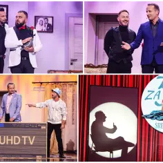 Młodzi i moralni skład na scenie. Mężczyźni w eleganckich strojach, jeden z gołębiem, inni w garniturach. W tle ekran z napisem "ZA SREBRNA".