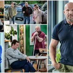 Tomasz Oświeciński w różnych scenach z filmów i seriali, w tym z kobietą i dzieckiem.