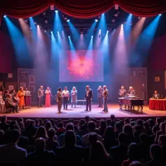 Scena teatralna z aktorami i widownią. To teatr dla młodzieży, gdzie rozgrywa się fascynująca opowieść.
