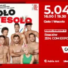 Plakat "Goło i wesoło" w Warszawie. Grupa rozebranych mężczyzn i jedna kobieta na tle czerwonego tła z datą 5.04.