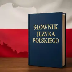 Słownik języka polskiego na tle flagi Polski. Czy uczymy się go razem, czy osobno, ważne, by go znać.