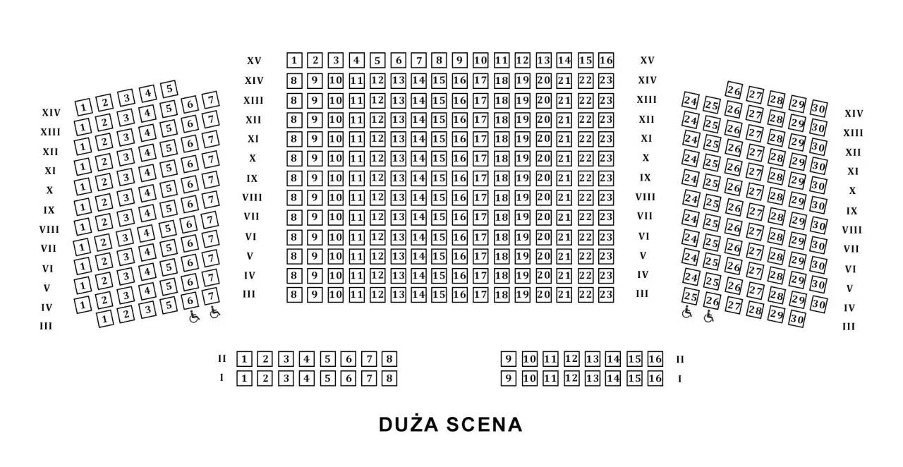 Plany miejsc w teatrze: schematyczne rozmieszczenie rzędów i numerów siedzeń na Dużej Scenie.