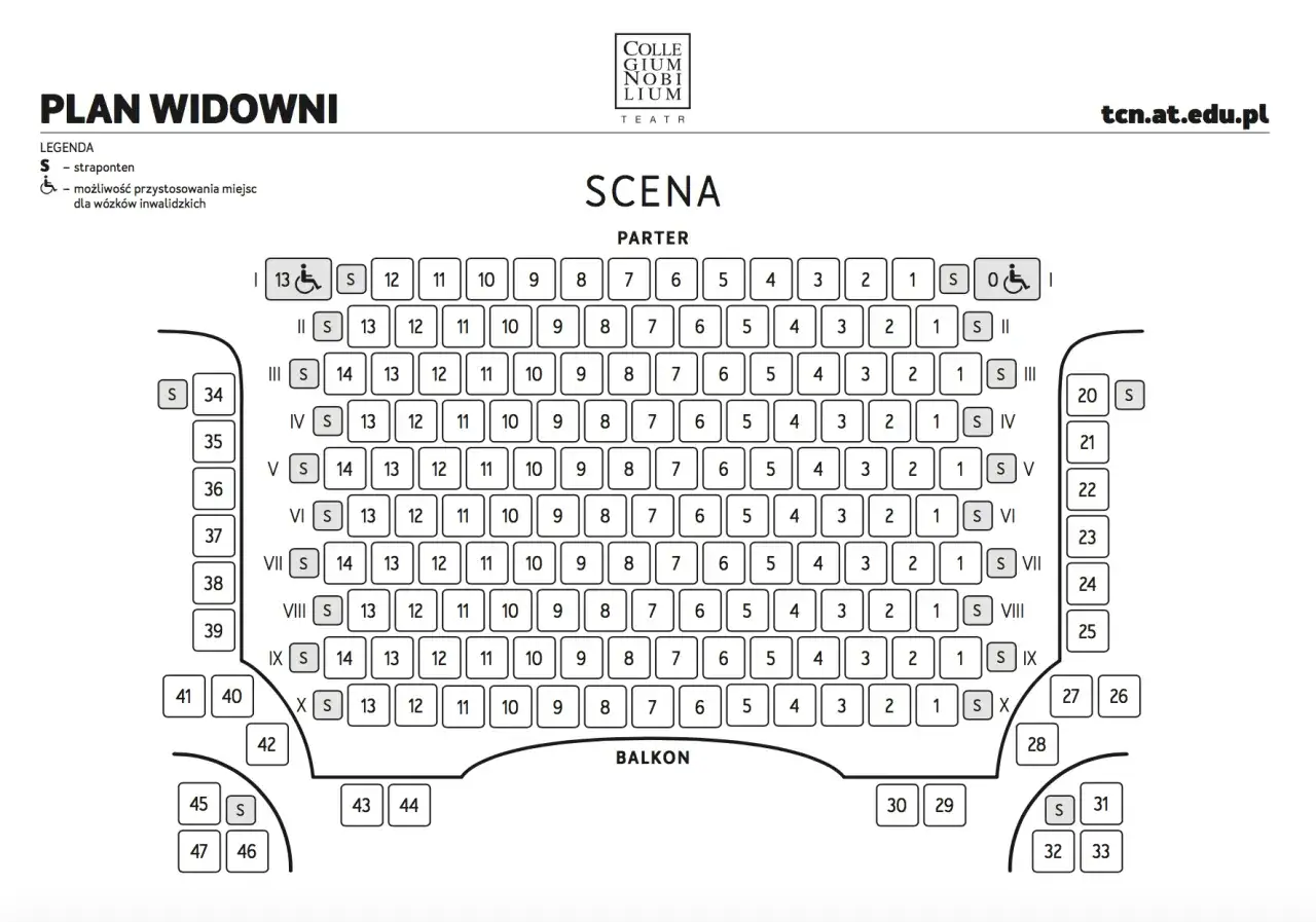 Plan widowni teatru. Widoczne miejsca na parterze, balkonie i w lożach. Niektóre miejsca oznaczone jako 
