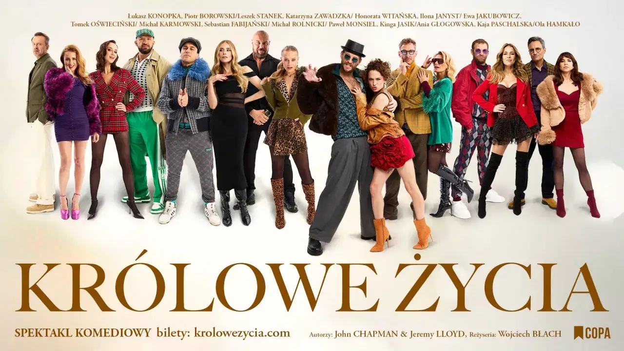 Kolorowa grupa ludzi w ekstrawaganckich strojach, zapowiadająca najlepsze spektakle w Warszawie. Tytuł 