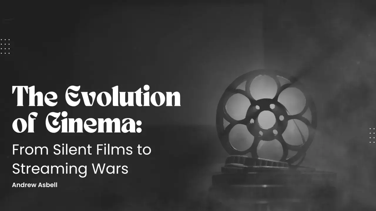 Historia kina: od niemych filmów do wojen streamingowych. Stara taśma filmowa i tytuł pracy Andrew Asbella.