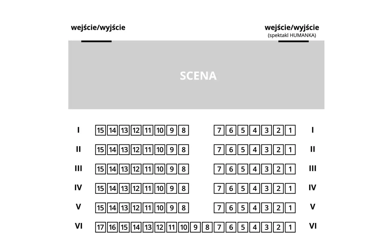 Schemat rozmieszczenia miejsc w teatrze, z podziałem na rzędy (I-VI) i numeracją siedzeń. Widok sceny z wejściem/wyjściem.
